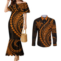Polynesian Pride Couples Matching Mermaid Dress and Long Sleeve Button Shirts Turtle Hibiscus Luxury Style - Orange LT7 Orange - Polynesian Pride
