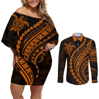Polynesian Pride Couples Matching Off Shoulder Short Dress and Long Sleeve Button Shirts Turtle Hibiscus Luxury Style - Orange LT7 Orange - Polynesian Pride