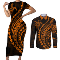 Polynesian Pride Couples Matching Short Sleeve Bodycon Dress and Long Sleeve Button Shirts Turtle Hibiscus Luxury Style - Orange LT7 Orange - Polynesian Pride