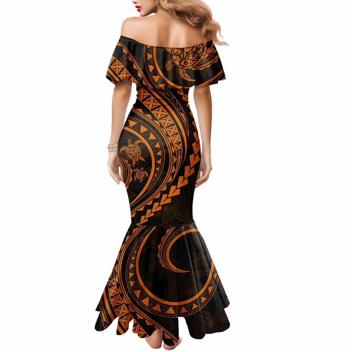 Polynesian Pride Mermaid Dress Turtle Hibiscus Luxury Style - Orange LT7 - Polynesian Pride