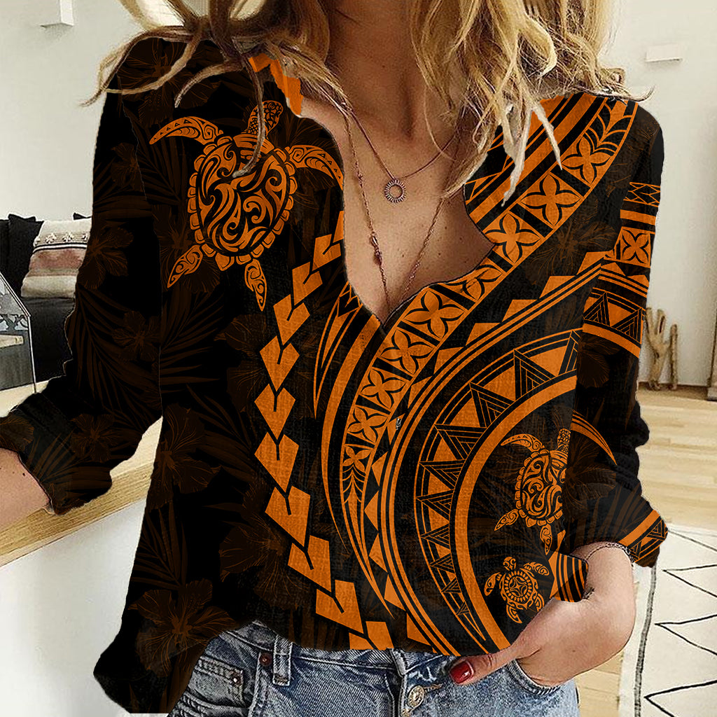 Polynesian Pride Women Casual Shirt Turtle Hibiscus Luxury Style - Orange LT7 Female Orange - Polynesian Pride