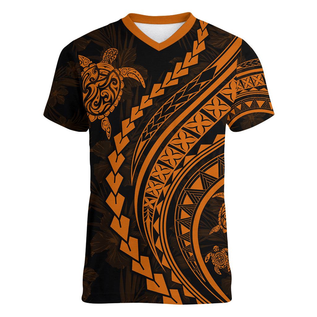 Polynesian Pride Women V Neck T Shirt Turtle Hibiscus Luxury Style - Orange LT7 Female Orange - Polynesian Pride
