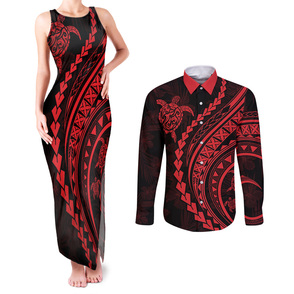 Polynesian Pride Couples Matching Tank Maxi Dress and Long Sleeve Button Shirts Turtle Hibiscus Luxury Style - Rose LT7 Rose - Polynesian Pride