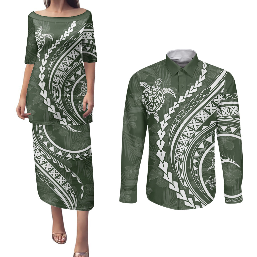 Polynesian Pride Couples Matching Puletasi Dress and Long Sleeve Button Shirts Turtle Hibiscus Luxury Style - Sage LT7 Sage - Polynesian Pride