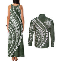Polynesian Pride Couples Matching Tank Maxi Dress and Long Sleeve Button Shirts Turtle Hibiscus Luxury Style - Sage LT7 - Polynesian Pride