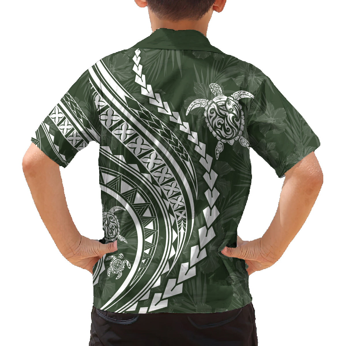 Hawaii Family Matching Outfits Polynesian Pride Off Shoulder Long Sleeve Dress And Shirt Family Set Clothes Turtle Hibiscus Luxury Style - Sage LT7 - Polynesian Pride