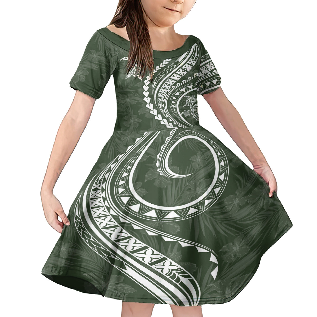 Hawaii Family Matching Outfits Polynesian Pride Off Shoulder Long Sleeve Dress And Shirt Family Set Clothes Turtle Hibiscus Luxury Style - Sage LT7 Daughter's Dress Sage Green - Polynesian Pride