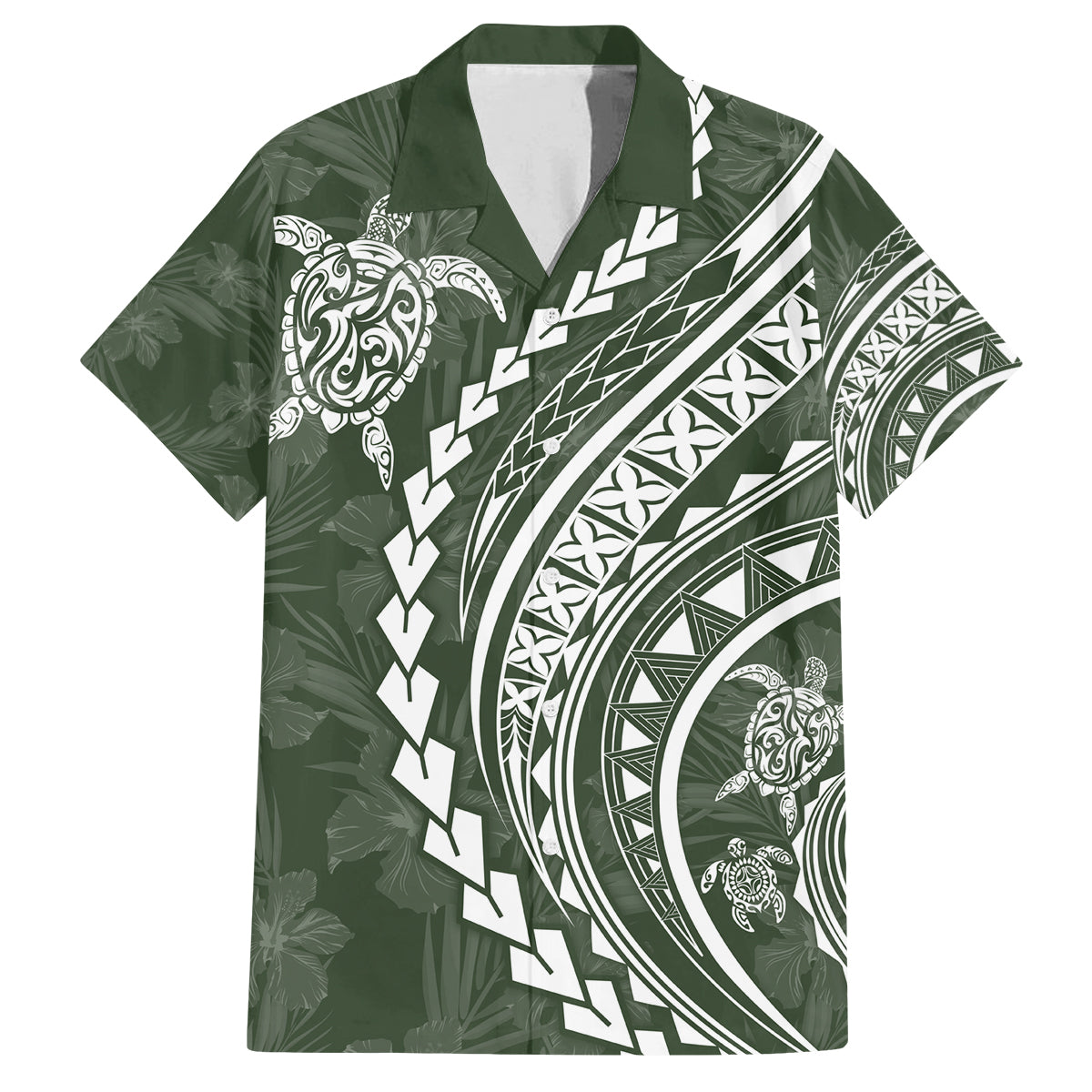 Hawaii Family Matching Outfits Polynesian Pride Off Shoulder Long Sleeve Dress And Shirt Family Set Clothes Turtle Hibiscus Luxury Style - Sage LT7 Dad's Shirt - Short Sleeve Sage Green - Polynesian Pride