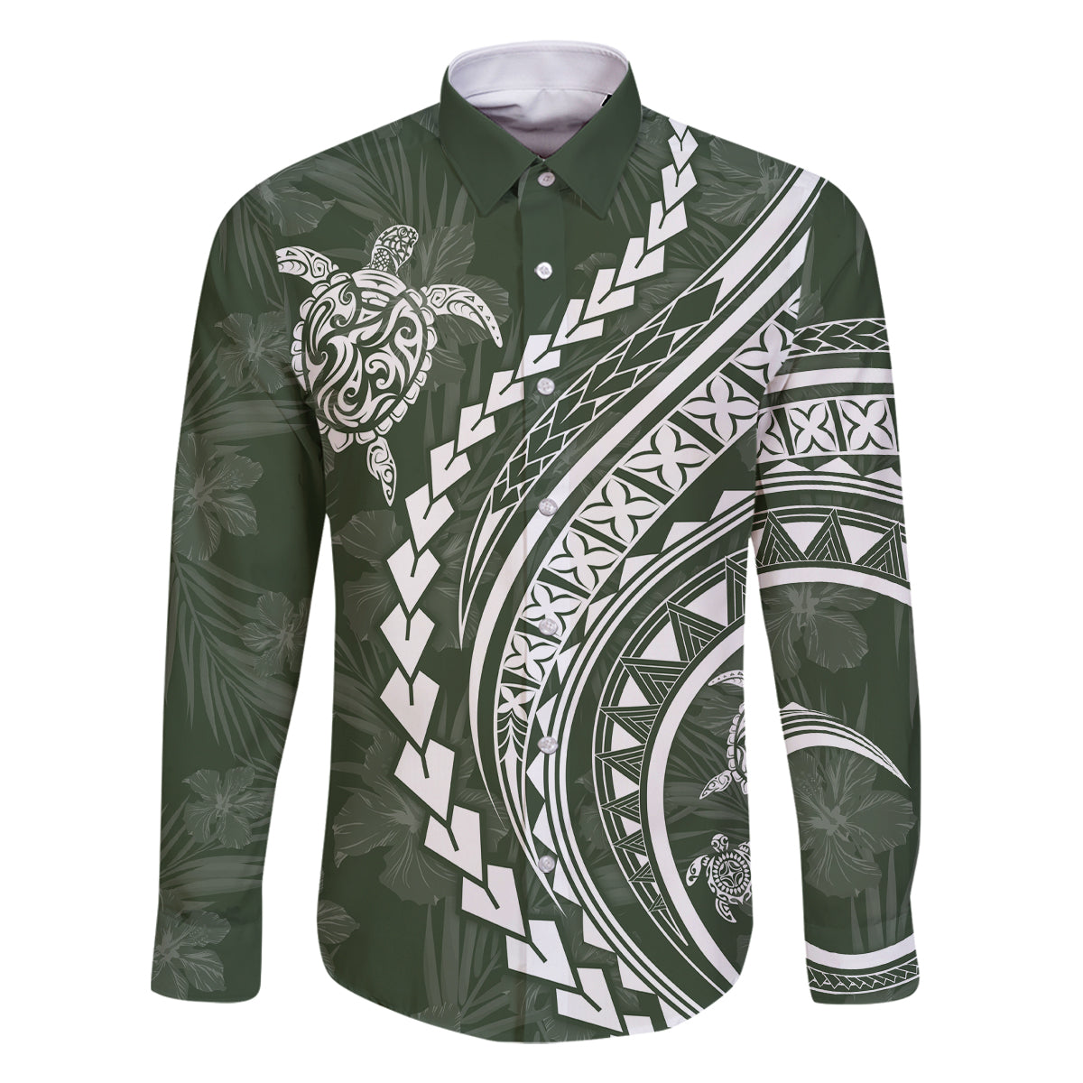 Hawaii Family Matching Outfits Polynesian Pride Off Shoulder Long Sleeve Dress And Shirt Family Set Clothes Turtle Hibiscus Luxury Style - Sage LT7 Dad's Shirt - Long Sleeve Sage Green - Polynesian Pride