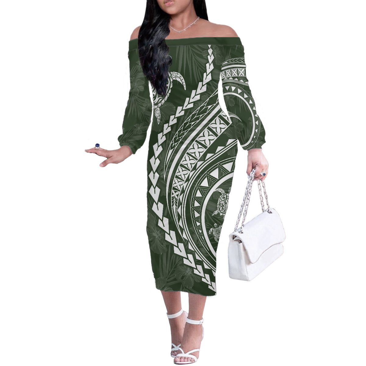 Hawaii Family Matching Outfits Polynesian Pride Off Shoulder Long Sleeve Dress And Shirt Family Set Clothes Turtle Hibiscus Luxury Style - Sage LT7 Mom's Dress Sage Green - Polynesian Pride