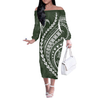 Hawaii Family Matching Outfits Polynesian Pride Off Shoulder Long Sleeve Dress And Shirt Family Set Clothes Turtle Hibiscus Luxury Style - Sage LT7 Mom's Dress Sage Green - Polynesian Pride