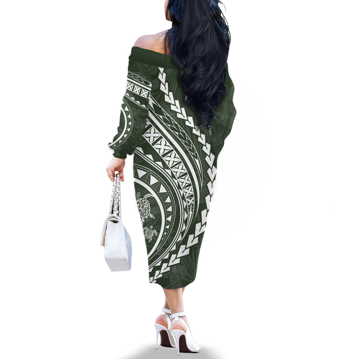 Hawaii Family Matching Outfits Polynesian Pride Off Shoulder Long Sleeve Dress And Shirt Family Set Clothes Turtle Hibiscus Luxury Style - Sage LT7 - Polynesian Pride
