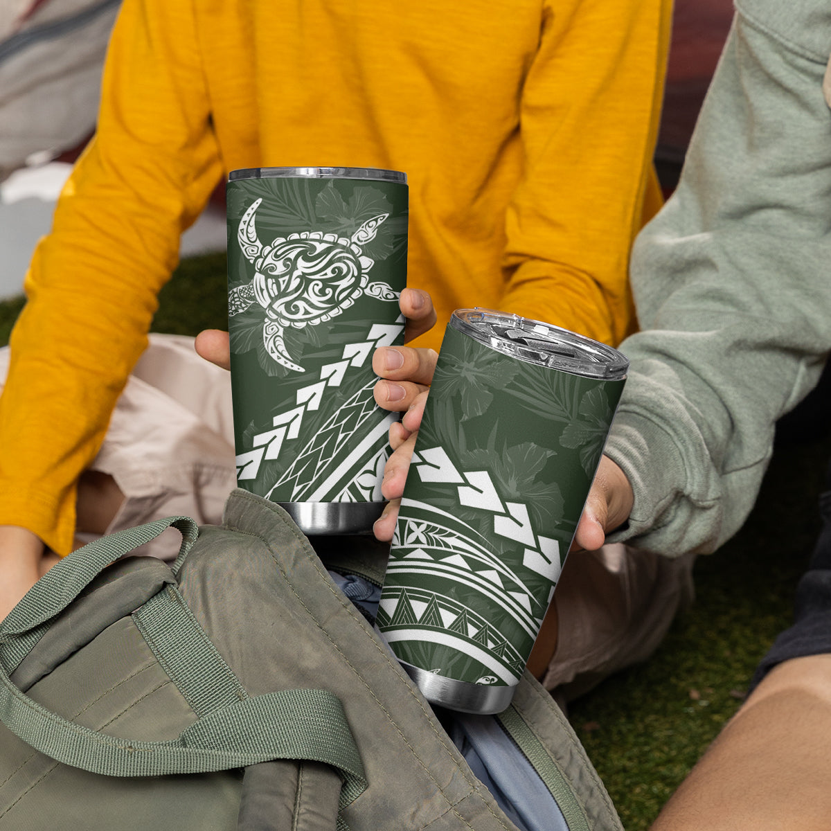 Polynesian Pride Tumbler Cup Turtle Hibiscus Luxury Style - Sage