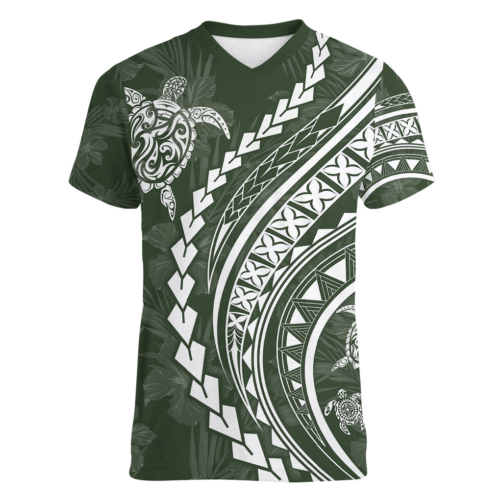Polynesian Pride Women V Neck T Shirt Turtle Hibiscus Luxury Style - Sage LT7 Female Sage - Polynesian Pride