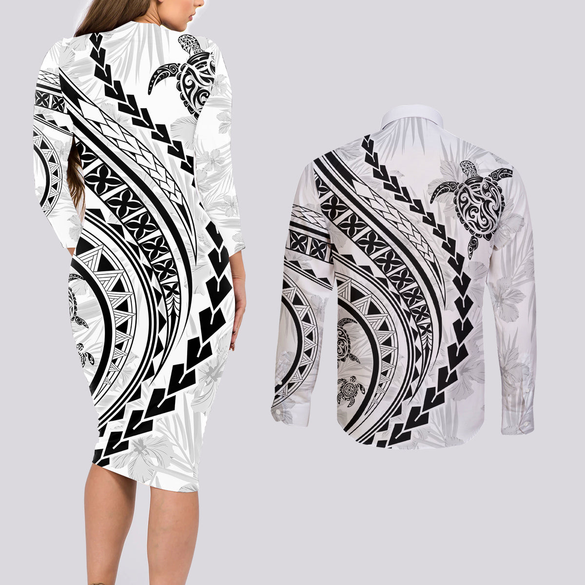 Polynesian Pride Couples Matching Long Sleeve Bodycon Dress and Long Sleeve Button Shirts Turtle Hibiscus Luxury Style - White LT7 - Polynesian Pride