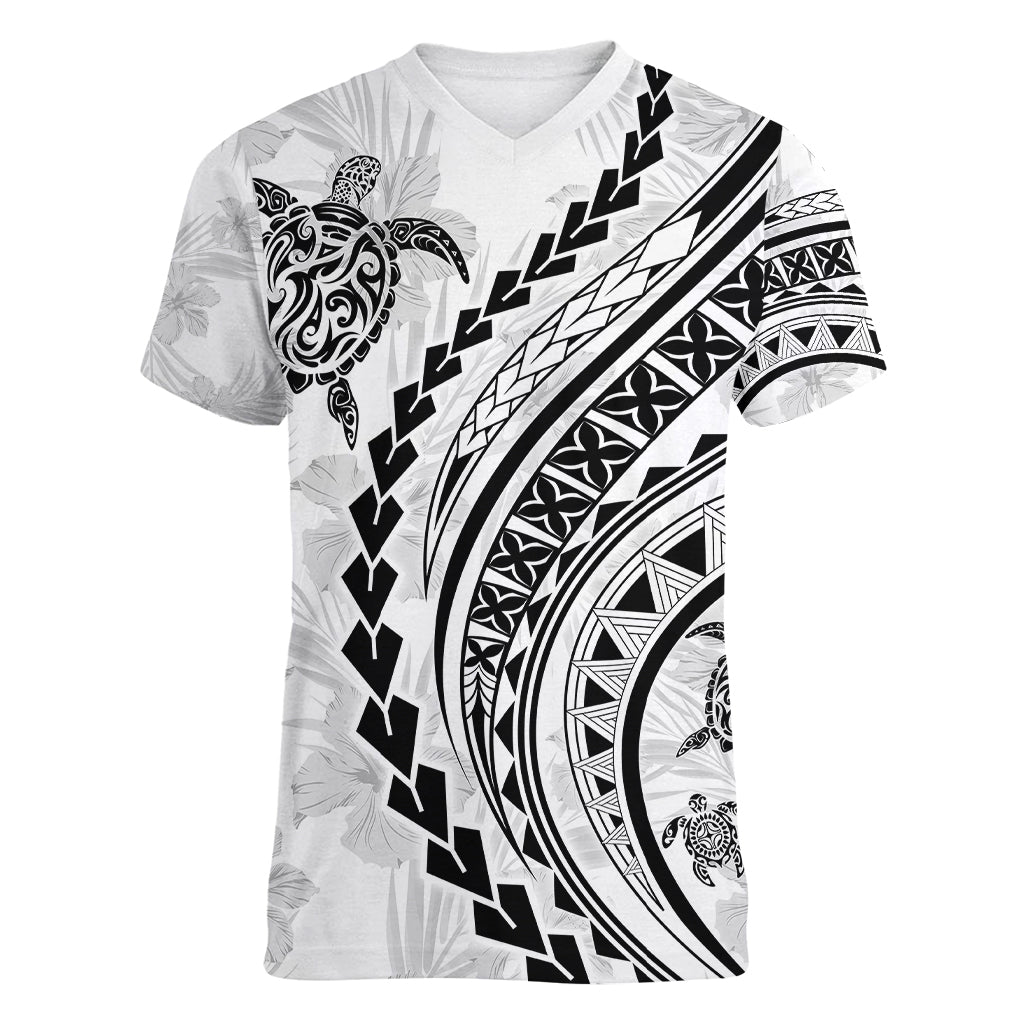 Polynesian Pride Women V Neck T Shirt Turtle Hibiscus Luxury Style - White LT7 Female White - Polynesian Pride