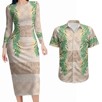 Hawai'i Paniolo Maile Twisted Lei Couples Matching Long Sleeve Bodycon Dress and Hawaiian Shirt Almond Brown LT7 Brown - Polynesian Pride