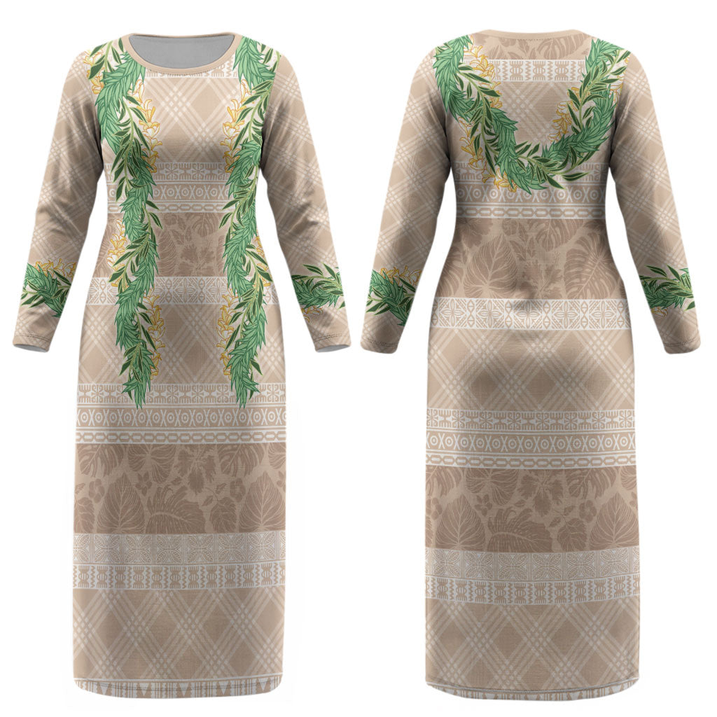 Hawai'i Paniolo Maile Twisted Lei Couples Matching Long Sleeve Bodycon Dress and Hawaiian Shirt Almond Brown LT7 - Polynesian Pride