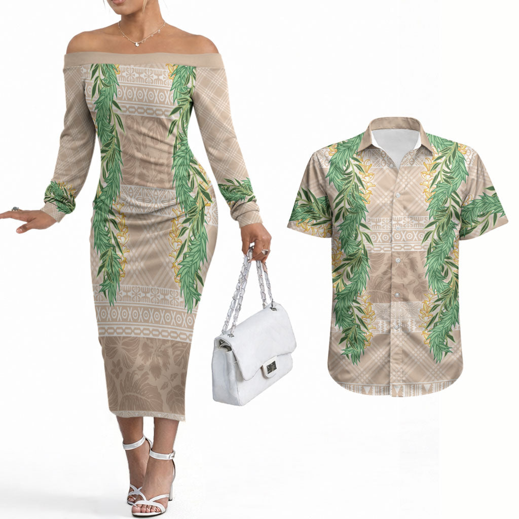 Hawai'i Paniolo Maile Twisted Lei Couples Matching Off The Shoulder Long Sleeve Dress and Hawaiian Shirt Almond Brown LT7 Brown - Polynesian Pride