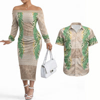 Hawai'i Paniolo Maile Twisted Lei Couples Matching Off The Shoulder Long Sleeve Dress and Hawaiian Shirt Almond Brown LT7 Brown - Polynesian Pride
