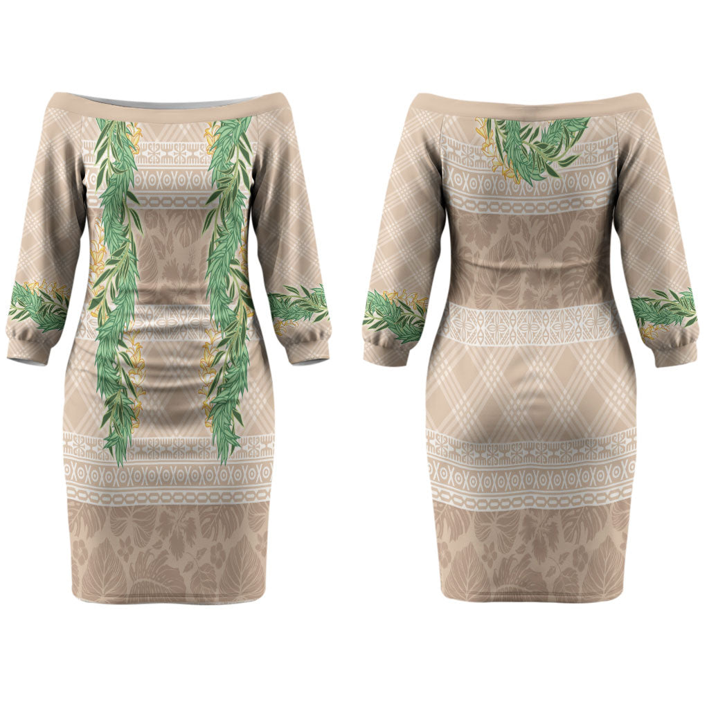 Hawai'i Paniolo Maile Twisted Lei Couples Matching Off The Shoulder Long Sleeve Dress and Hawaiian Shirt Almond Brown LT7 - Polynesian Pride