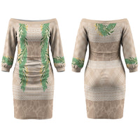 Hawai'i Paniolo Maile Twisted Lei Couples Matching Off The Shoulder Long Sleeve Dress and Long Sleeve Button Shirt Almond Brown LT7 - Polynesian Pride