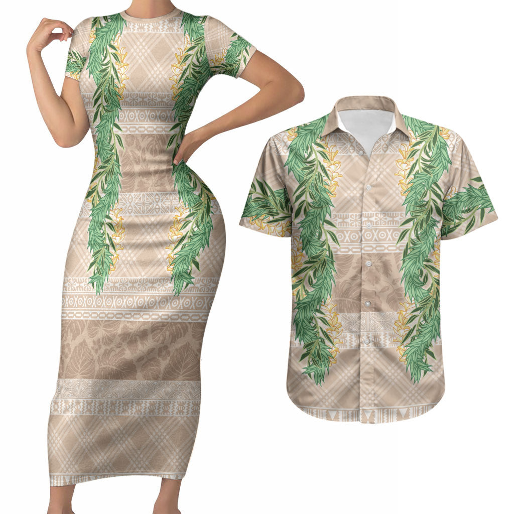 Hawai'i Paniolo Maile Twisted Lei Couples Matching Short Sleeve Bodycon Dress and Hawaiian Shirt Almond Brown LT7 Brown - Polynesian Pride