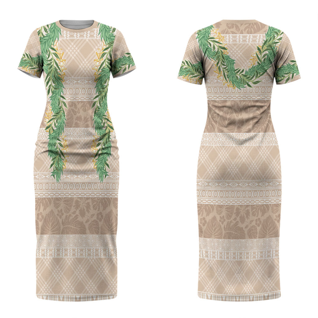 Hawai'i Paniolo Maile Twisted Lei Couples Matching Short Sleeve Bodycon Dress and Hawaiian Shirt Almond Brown LT7 - Polynesian Pride