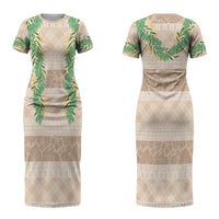 Hawai'i Paniolo Maile Twisted Lei Couples Matching Short Sleeve Bodycon Dress and Hawaiian Shirt Almond Brown LT7 - Polynesian Pride