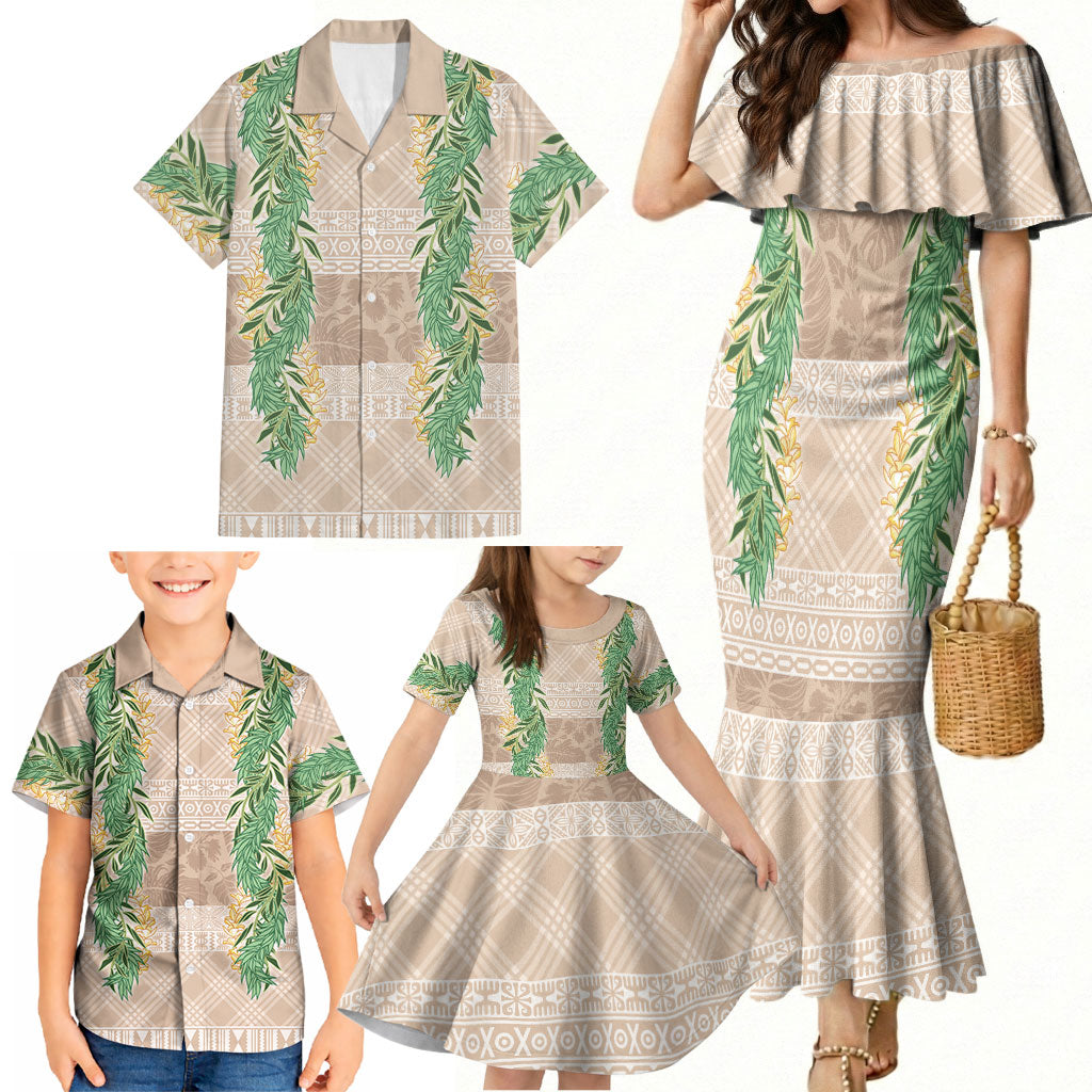 Hawai'i Paniolo Maile Twisted Lei Family Matching Mermaid Dress and Hawaiian Shirt Almond Brown