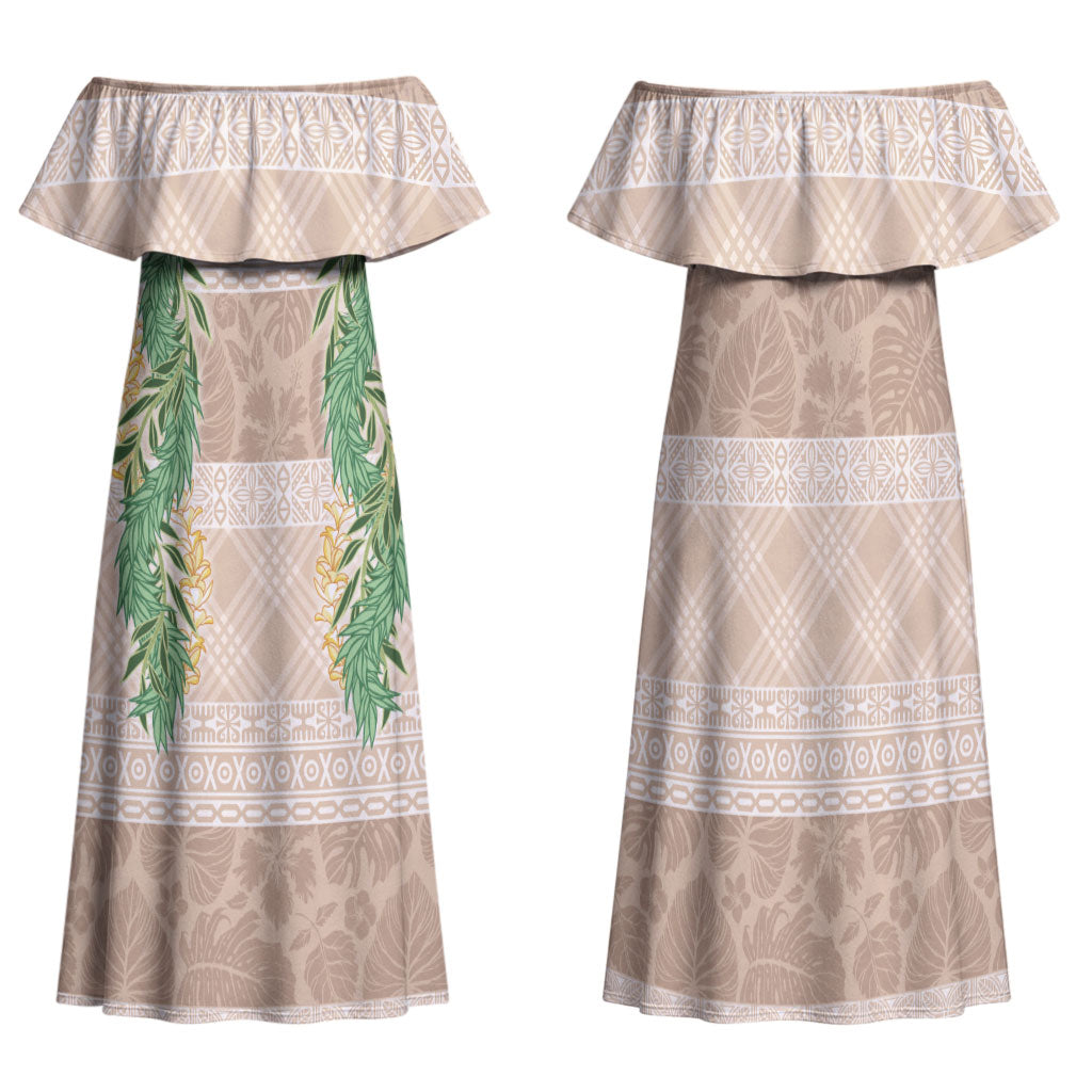 Hawai'i Paniolo Maile Twisted Lei Family Matching Off Shoulder Maxi Dress and Hawaiian Shirt Almond Brown LT7 Mom's Dress Brown - Polynesian Pride