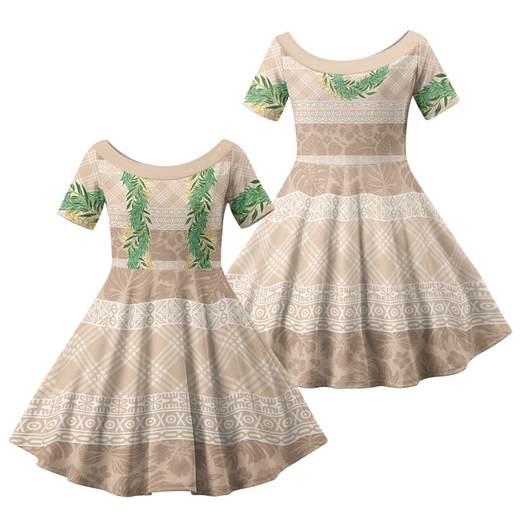 Hawai'i Paniolo Maile Twisted Lei Family Matching Off Shoulder Maxi Dress and Hawaiian Shirt Almond Brown LT7 Daughter's Dress Brown - Polynesian Pride