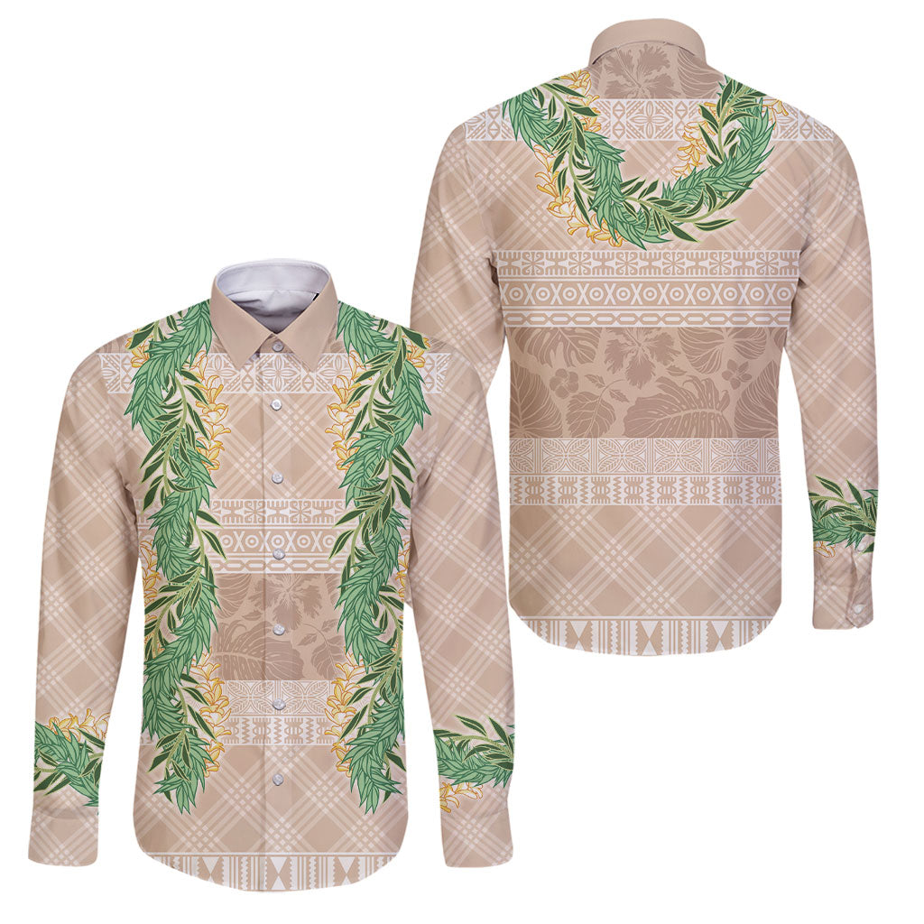 Hawai'i Paniolo Maile Twisted Lei Family Matching Summer Maxi Dress and Hawaiian Shirt Almond Brown LT7 Dad's Shirt - Long Sleeve Brown - Polynesian Pride