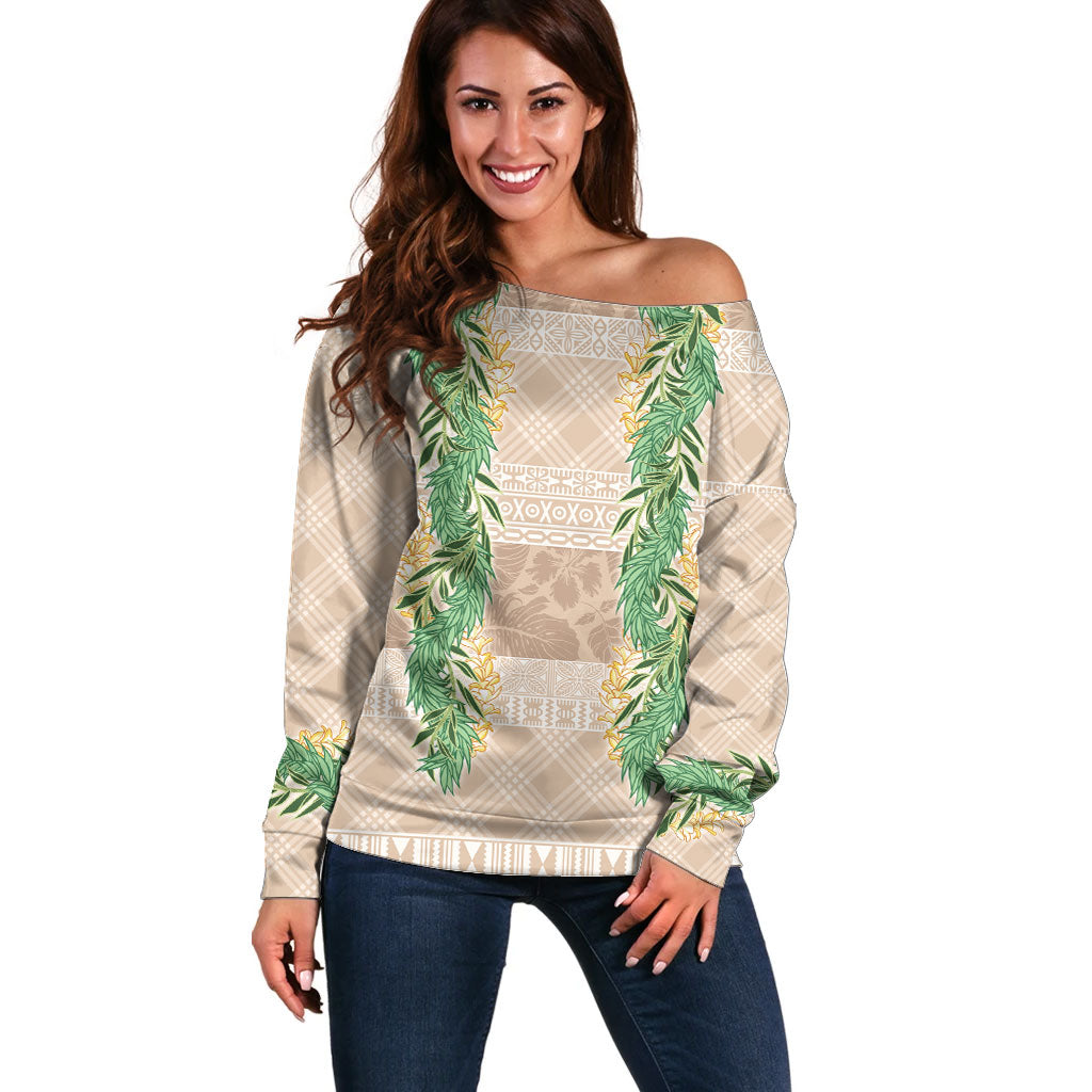 Hawai'i Paniolo Maile Twisted Lei Off Shoulder Sweater Almond Brown