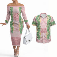 Hawai'i Paniolo Maile Twisted Lei Couples Matching Off The Shoulder Long Sleeve Dress and Hawaiian Shirt Dusty Rose LT7 Dusty Rose - Polynesian Pride