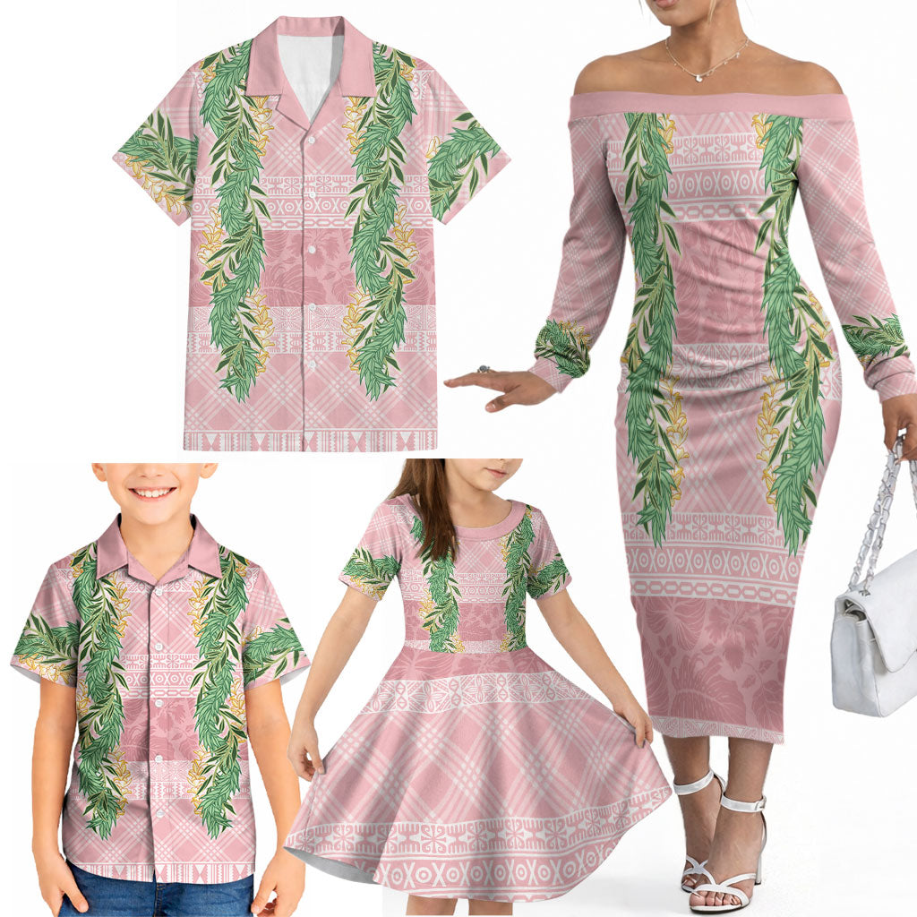 Hawai'i Paniolo Maile Twisted Lei Family Matching Off The Shoulder Long Sleeve Dress and Hawaiian Shirt Dusty Rose LT7 - Polynesian Pride