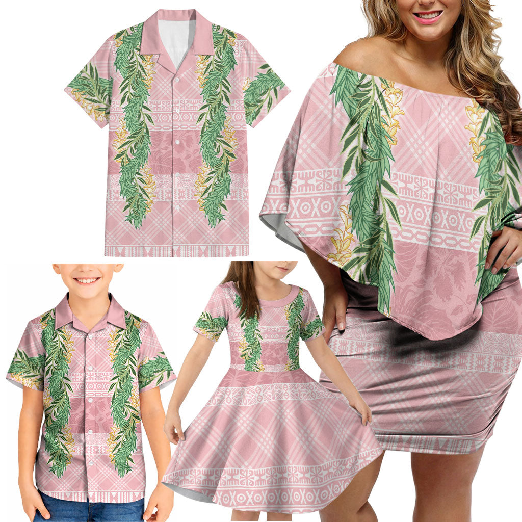 Hawai'i Paniolo Maile Twisted Lei Family Matching Off Shoulder Short Dress and Hawaiian Shirt Dusty Rose LT7 - Polynesian Pride