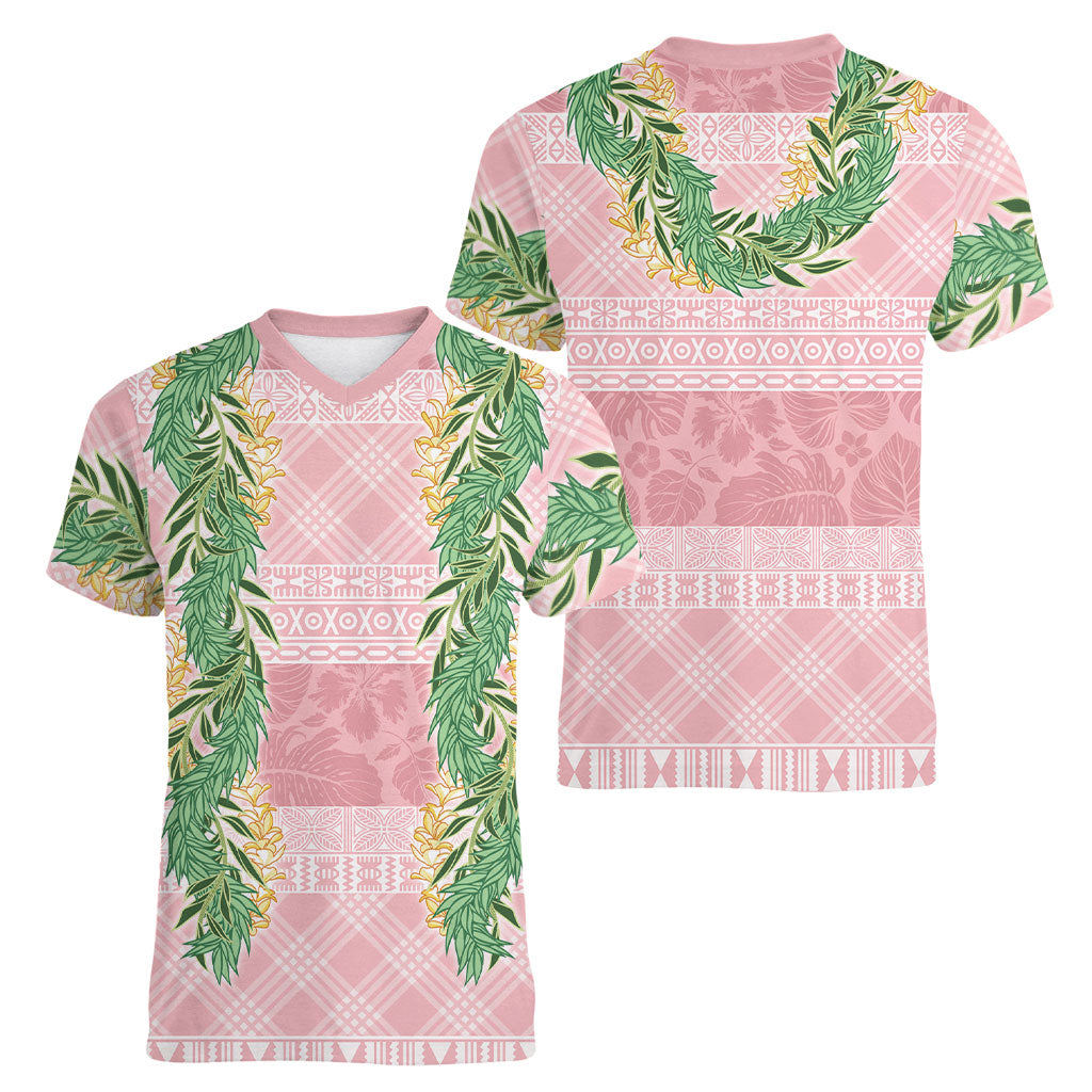 Hawai'i Paniolo Maile Twisted Lei Women V-Neck T-Shirt Dusty Rose LT7 - Polynesian Pride