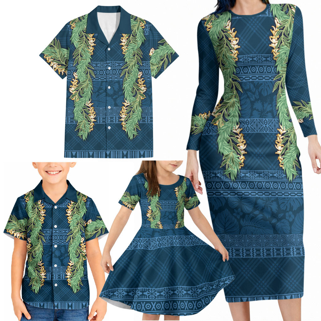 Hawai'i Paniolo Maile Twisted Lei Family Matching Long Sleeve Bodycon Dress and Hawaiian Shirt Cobalt Blue LT7 - Polynesian Pride