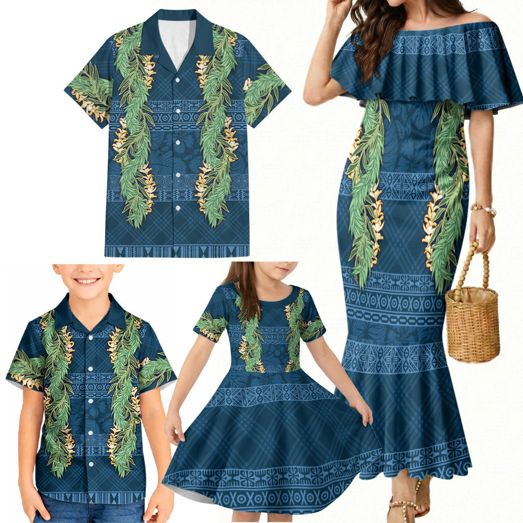 Hawai'i Paniolo Maile Twisted Lei Family Matching Mermaid Dress and Hawaiian Shirt Cobalt Blue LT7 - Polynesian Pride