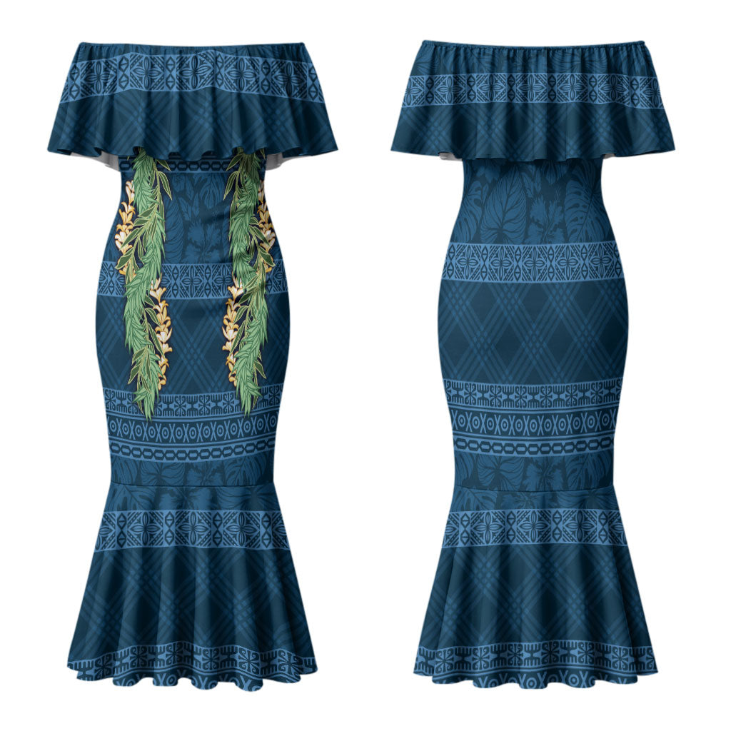 Hawai'i Paniolo Maile Twisted Lei Family Matching Mermaid Dress and Hawaiian Shirt Cobalt Blue LT7 Mom's Dress Cobalt Blue - Polynesian Pride
