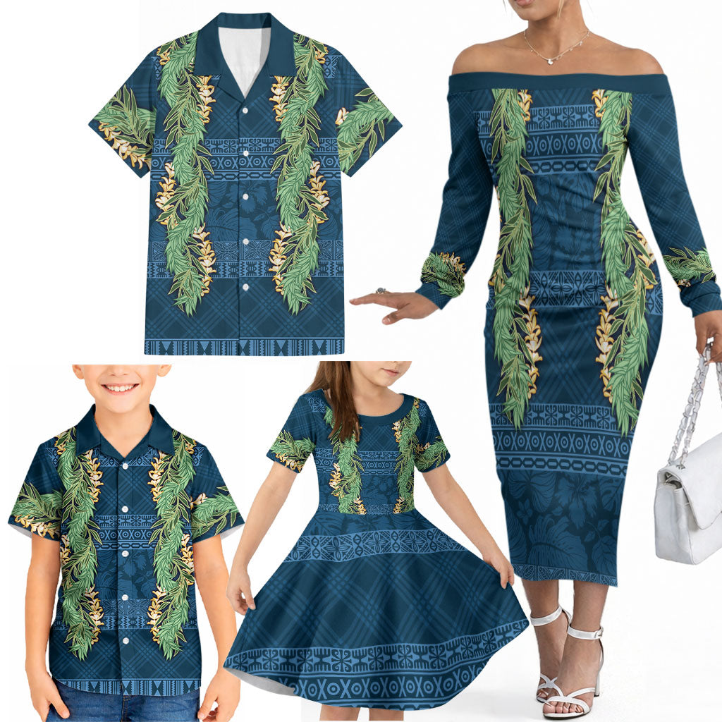 Hawai'i Paniolo Maile Twisted Lei Family Matching Off The Shoulder Long Sleeve Dress and Hawaiian Shirt Cobalt Blue LT7 - Polynesian Pride