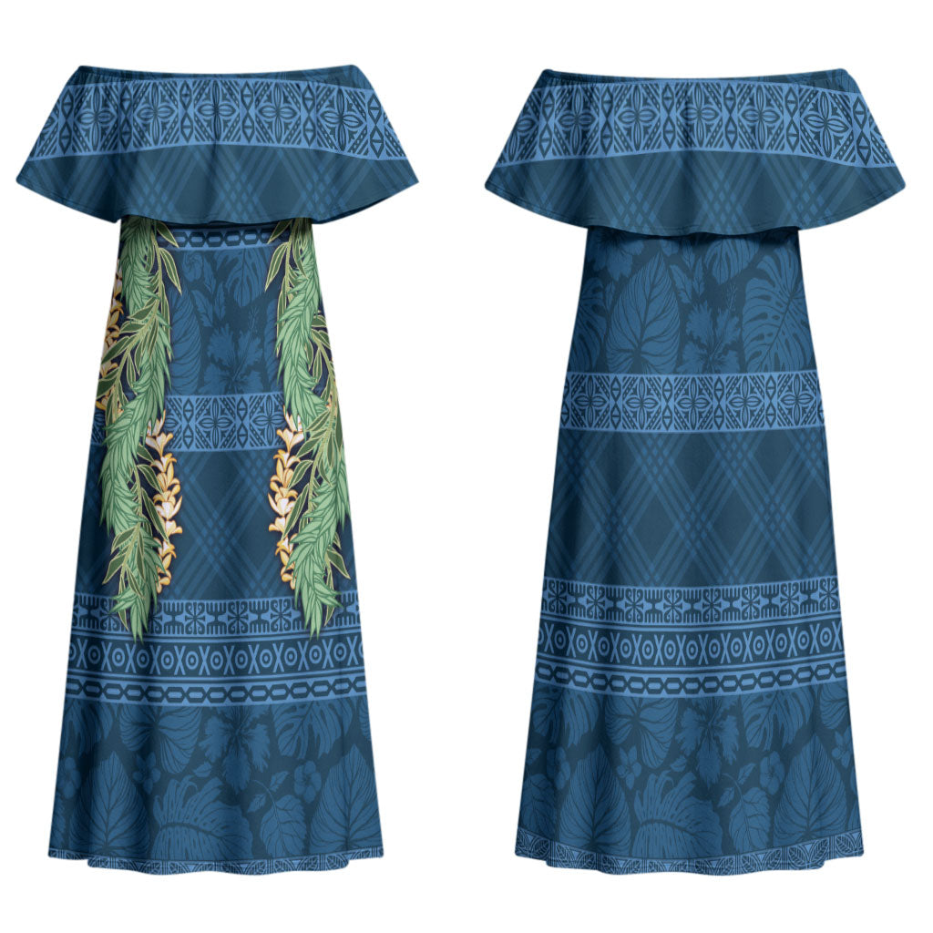 Hawai'i Paniolo Maile Twisted Lei Family Matching Off Shoulder Maxi Dress and Hawaiian Shirt Cobalt Blue LT7 Mom's Dress Cobalt Blue - Polynesian Pride