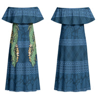 Hawai'i Paniolo Maile Twisted Lei Family Matching Off Shoulder Maxi Dress and Hawaiian Shirt Cobalt Blue LT7 Mom's Dress Cobalt Blue - Polynesian Pride