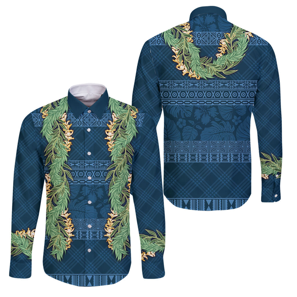 Hawai'i Paniolo Maile Twisted Lei Family Matching Off Shoulder Maxi Dress and Hawaiian Shirt Cobalt Blue LT7 Dad's Shirt - Long Sleeve Cobalt Blue - Polynesian Pride