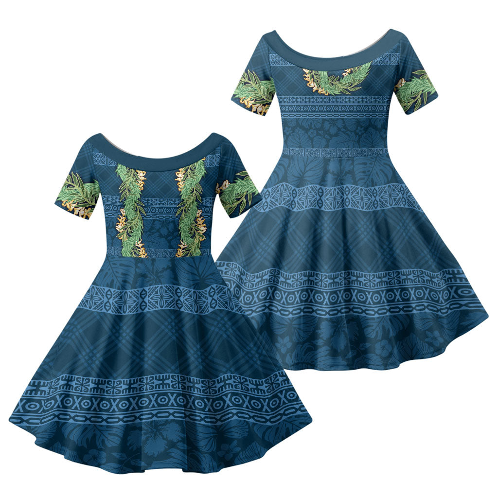 Hawai'i Paniolo Maile Twisted Lei Family Matching Off Shoulder Maxi Dress and Hawaiian Shirt Cobalt Blue LT7 Daughter's Dress Cobalt Blue - Polynesian Pride