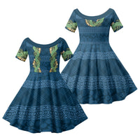 Hawai'i Paniolo Maile Twisted Lei Family Matching Off Shoulder Maxi Dress and Hawaiian Shirt Cobalt Blue LT7 Daughter's Dress Cobalt Blue - Polynesian Pride