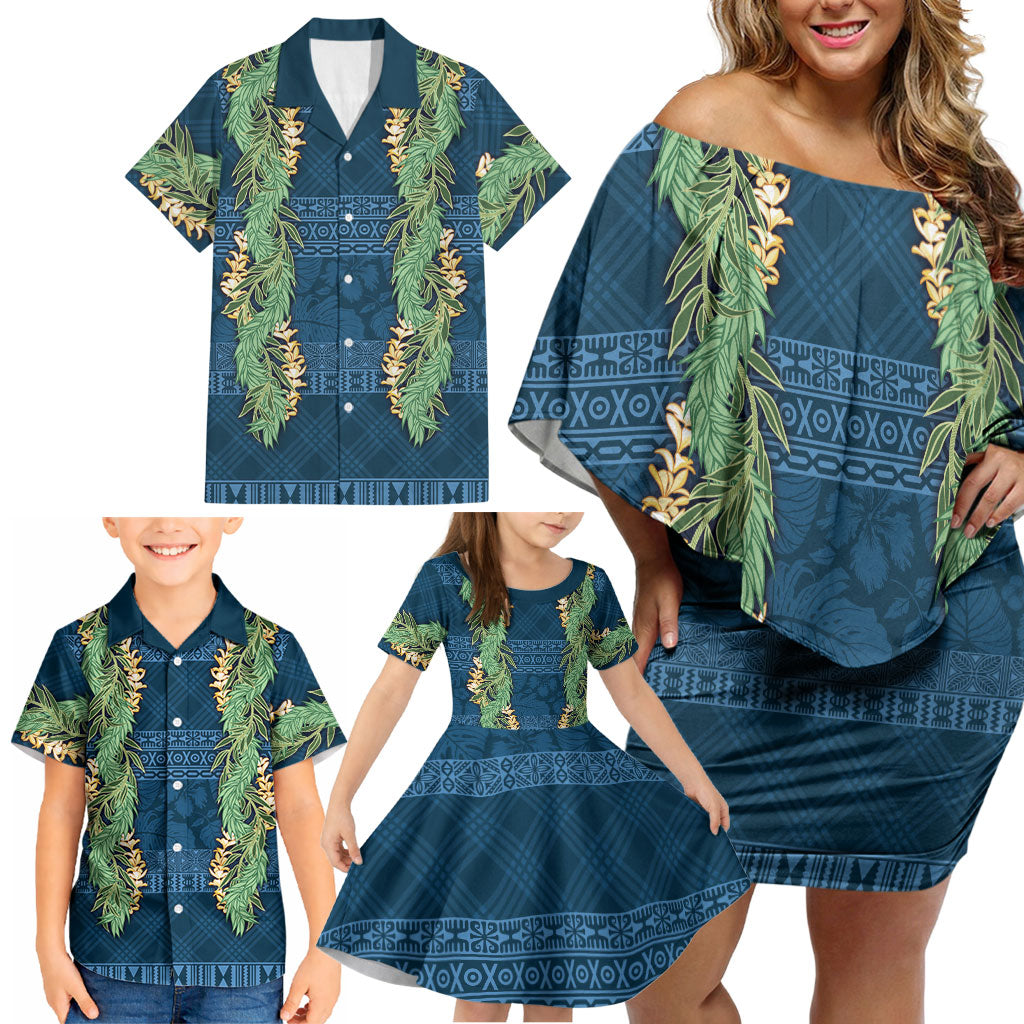 Hawai'i Paniolo Maile Twisted Lei Family Matching Off Shoulder Short Dress and Hawaiian Shirt Cobalt Blue LT7 - Polynesian Pride