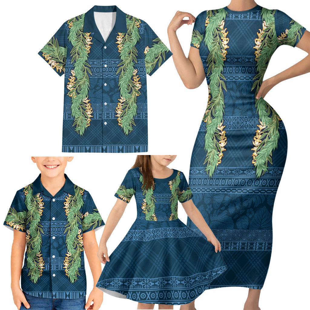 Hawai'i Paniolo Maile Twisted Lei Family Matching Short Sleeve Bodycon Dress and Hawaiian Shirt Cobalt Blue LT7 - Polynesian Pride