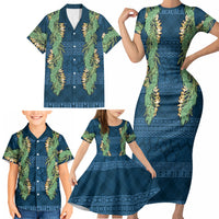 Hawai'i Paniolo Maile Twisted Lei Family Matching Short Sleeve Bodycon Dress and Hawaiian Shirt Cobalt Blue LT7 - Polynesian Pride